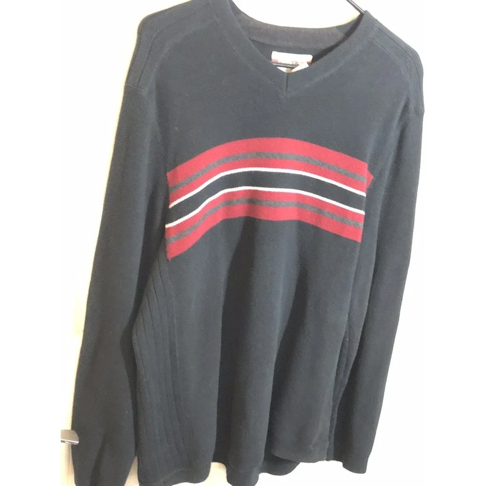 Eddie Bauer Sport Shop Sweater Men's Large Black Red Stripe Hike Fish Camp - Picture 3 of 9